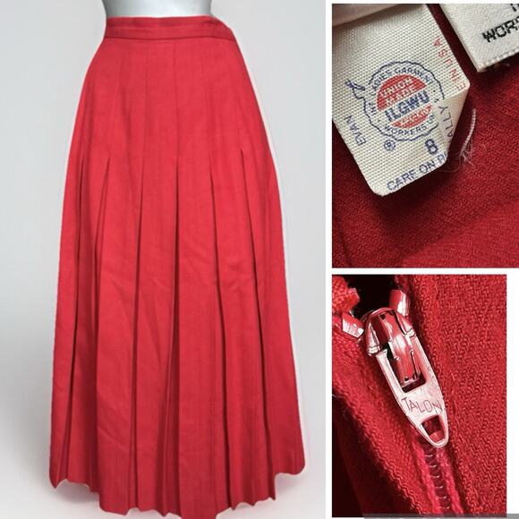 Vintage Red Wool Pleated Midi Skirt Talon Zip Made in USA 8 ILGWU Christmas - Picture 1 of 9